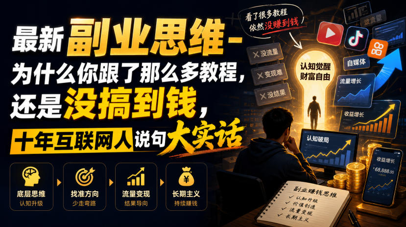 最新副业思维-为什么你跟了那么多教程，还是没搞到钱，十年互联网人说句大实话【揭秘】-副业网