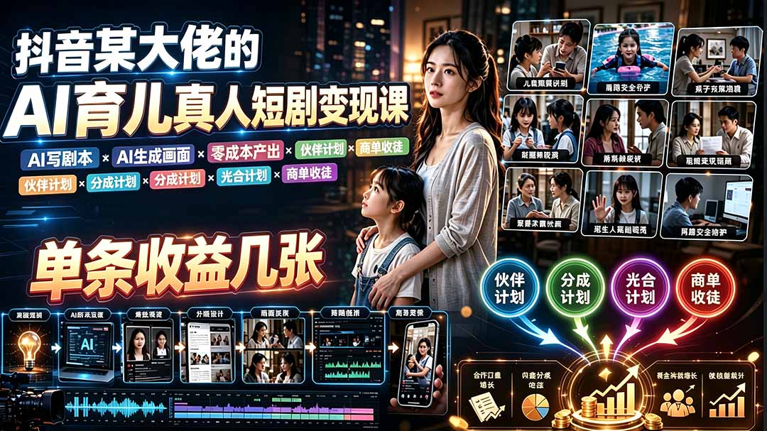 AI育儿真人短剧变现课：AI写剧本×AI生成画面×零成本产出×伙伴计划×分成计划×光合计划×商单收徒-副业网