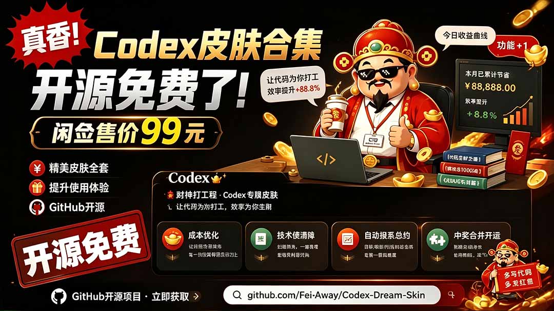 闲鱼售卖99元的Codex皮肤包,GitHub 免费开源了!让你的codex变成精美界面 Codex Dream Skin-副业网