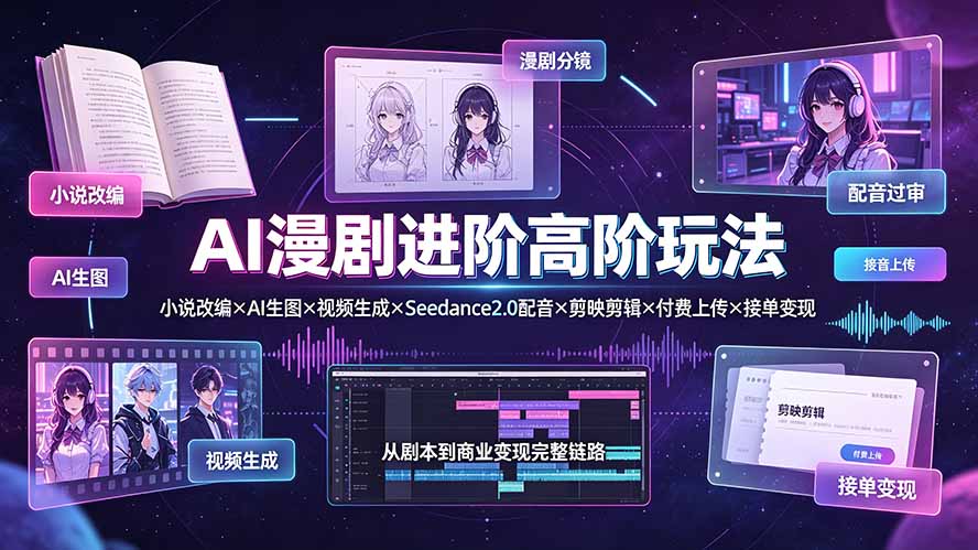 AI漫剧进阶高阶玩法：小说改编×AI生图×视频生成×Seedance2.0配音×剪映剪辑×付费上传×接单变现-副业网