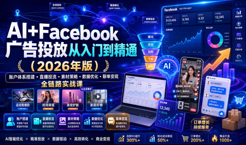 AI+Facebook广告投放从入门到精通(2026年版)｜账户体系搭建・直播投流・素材策略・数据优化・聊单变现全链路实战课-副业网