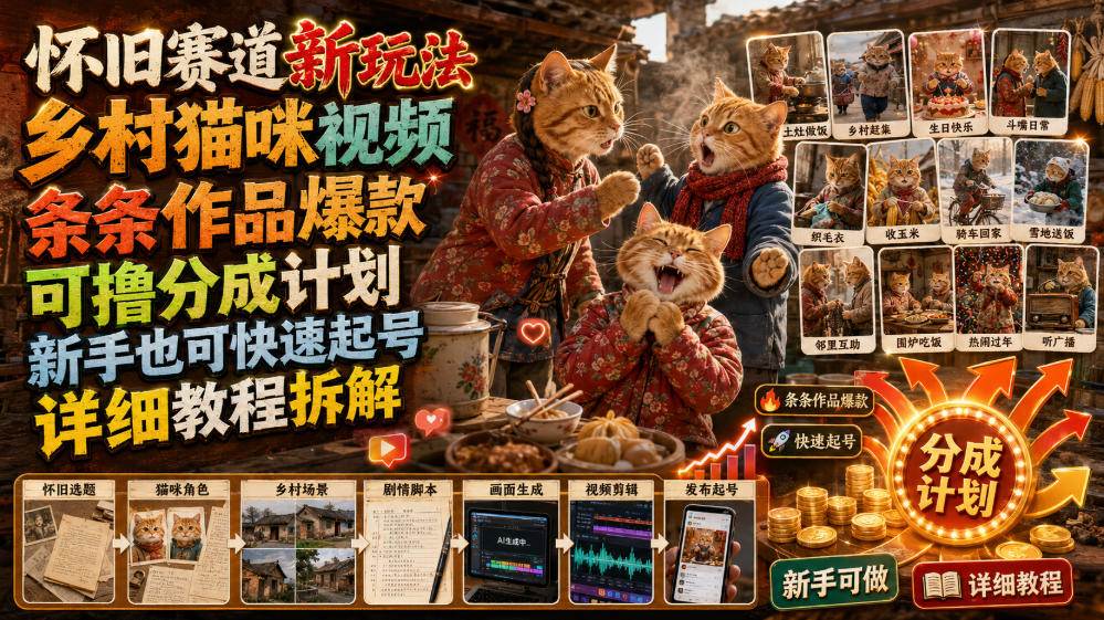 怀旧赛道新玩法，乡村猫咪视频，条条作品爆款，可撸分成计划，新手也可快速起号，详细教程拆解-副业网