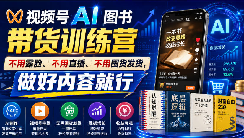 视频号AI图书带货训练营，不用露脸、不用直播、不用囤货发货，做好内容就行，一条爆款视频佣金8942-副业网