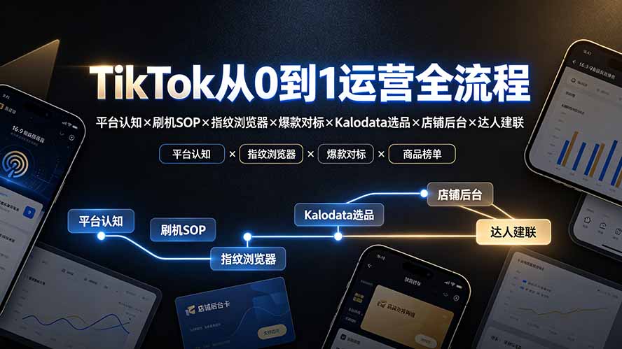 TikTok从0到1运营全流程：平台认知×刷机SOP×指纹浏览器×爆款对标×Kalodata选品×店铺后台×达人建联-副业网