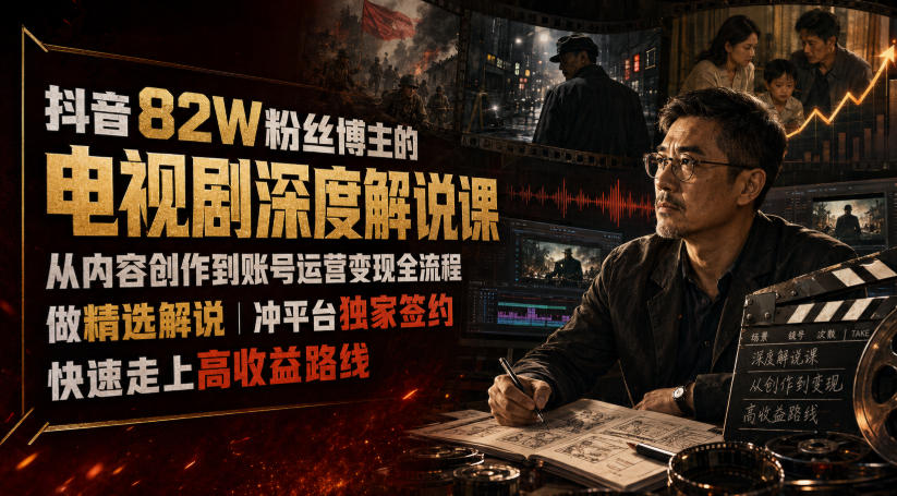 抖音82W粉丝博主的电视剧深度解说课，从内容创作到账号运营变现全流程，做精选解说，冲平台独家签约，快速走上高收益路线-副业网