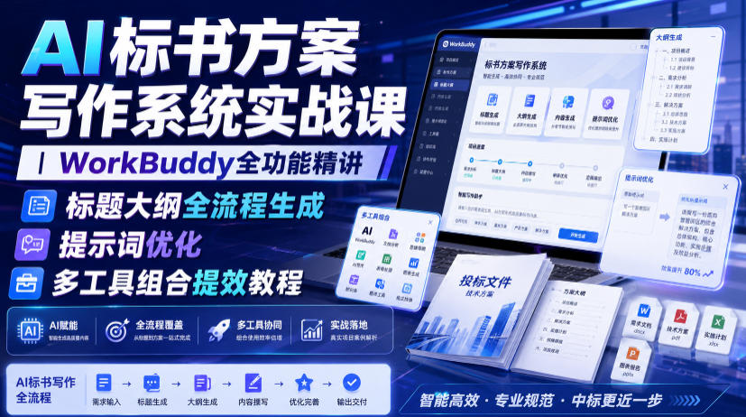 AI标书方案写作系统实战课｜WorkBuddy全功能精讲・标题大纲全流程生成・提示词优化・多工具组合提效教程-副业网