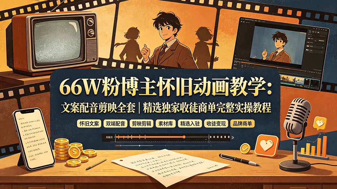 66W粉博主怀旧动画教学：文案配音剪映全套｜精选独家收徒商单完整实操教程-副业网
