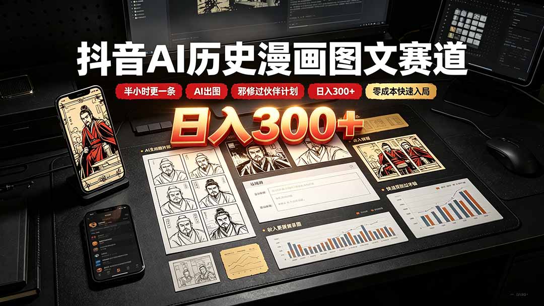 抖音AI历史漫画图文赛道：半小时更一条×AI出图×邪修过伙伴计划×日入300+，零成本快速入局-副业网