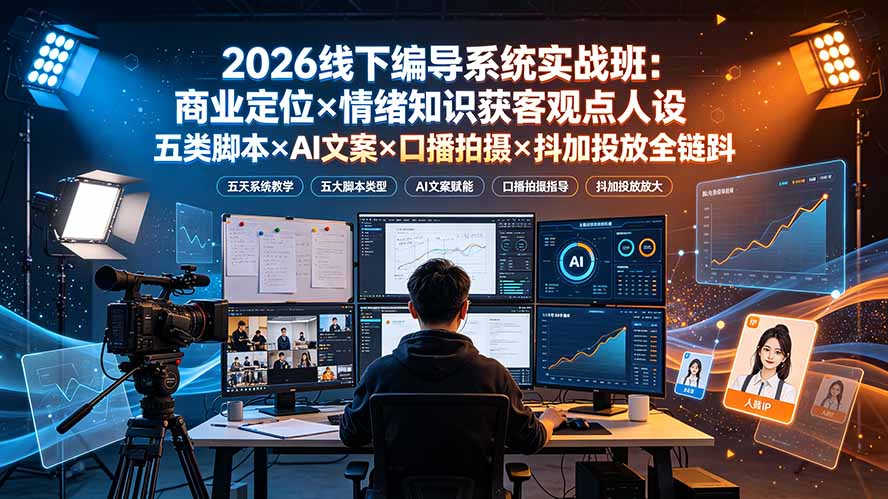 2026线下编导系统实战班：商业定位×情绪知识获客观点人设五类脚本×AI文案×口播拍摄×抖加投放全链路-副业网