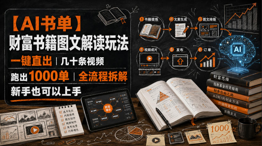 【AI书单】财富书籍图文解读玩法，一键直出，几十条视频，跑出1000单，全流程拆解，新手也可以上手-副业网
