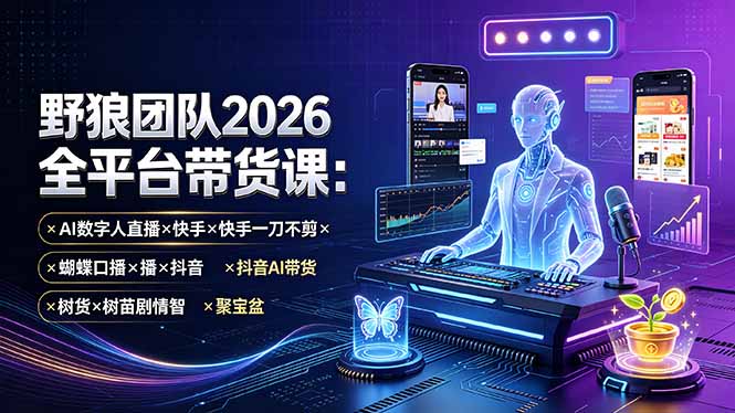 野狼团队2026全平台带货课-7月：AI数字人直播×快手一刀不剪×蝴蝶口播×抖音AI带货×树苗剧情智剪×聚宝盆-副业网