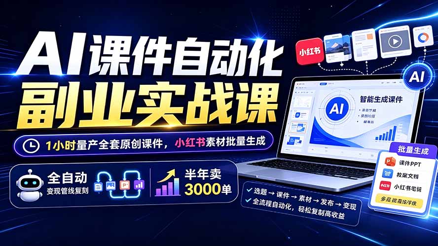 AI课件自动化副业实战课：1小时量产全套原创课件×小红书素材批量生成×全自动变现管线×半年卖3000单-副业网