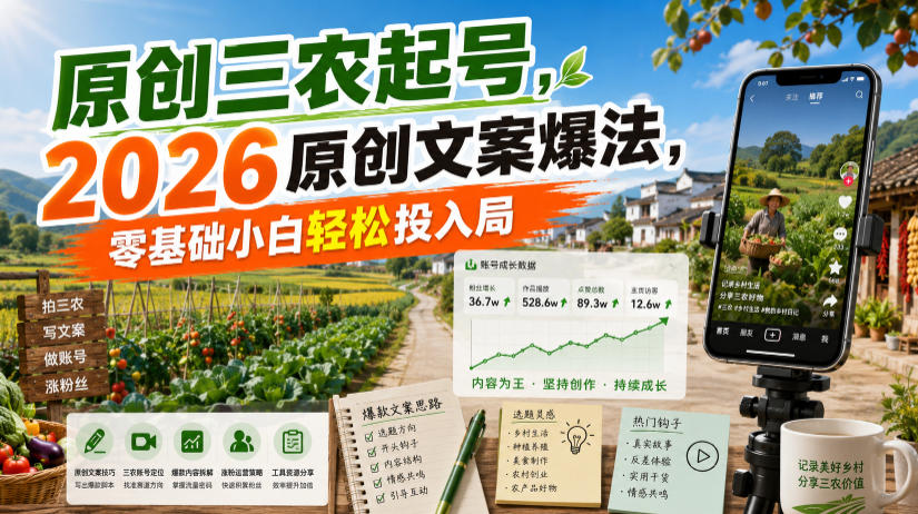 原创三农起号，2026原创文案爆法，零基础小白轻松投入局-副业网
