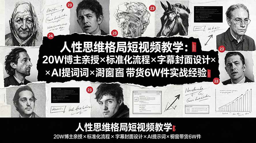 人性思维格局短视频教学：20W博主亲授×标准化流程×字幕封面设计×AI提示词×橱窗带货6W件实战经验-副业网