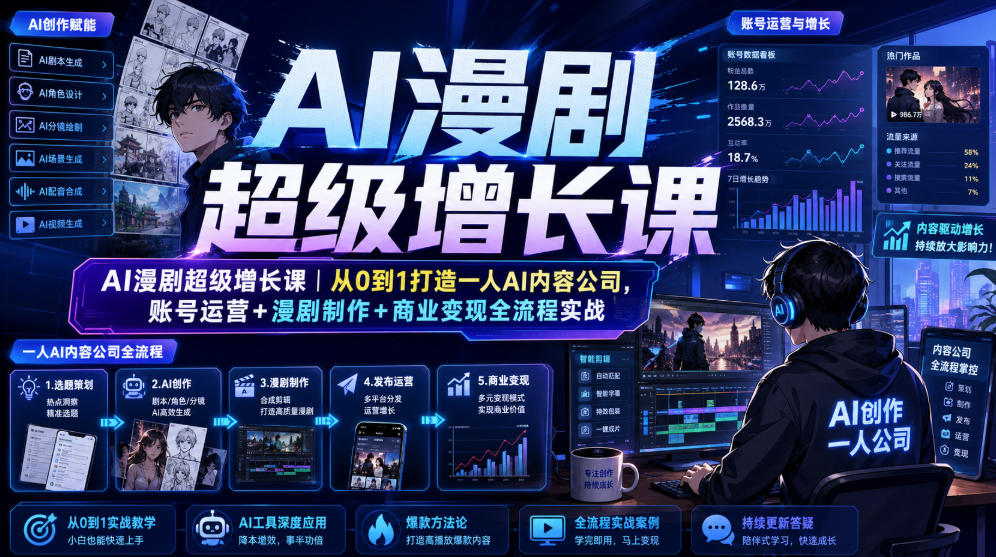 AI漫剧超级增长课｜从0到1打造一人AI内容公司，账号运营+漫剧制作+商业变现全流程实战-副业网