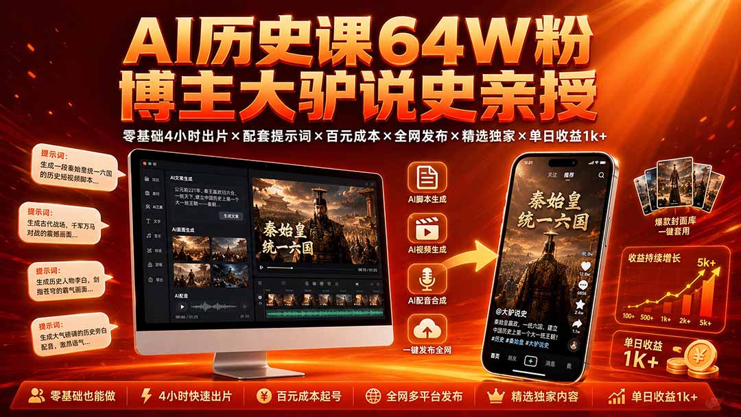 图片[2]-AI历史课64W粉博主大驴说史亲授：零基础4小时出片×配套提示词×百元成本×全网发布×精选独家×单日收益1k+-副业网