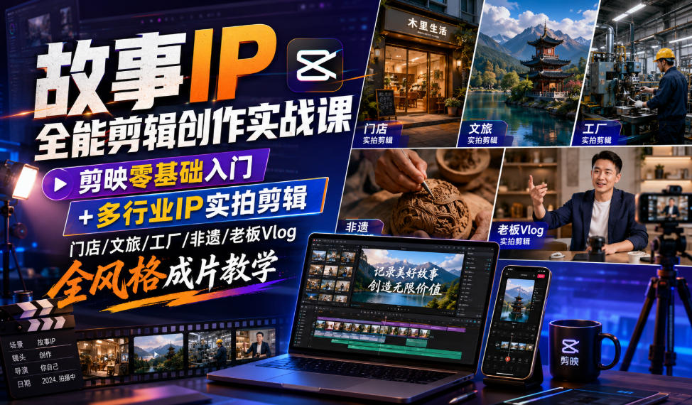 故事IP全能剪辑创作实战课｜剪映零基础入门+多行业IP实拍剪辑，门店/文旅/工厂/非遗/老板Vlog全风格成片教学-副业网