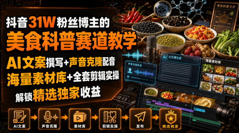 抖音31W粉丝博主的美食科普赛道教学，AI文案撰写+声音克隆配音+剪辑实操，解锁精选独家收益-副业网