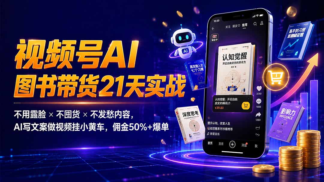 图片[2]-繁花视频号AI图书带货21天实战：不用露脸×不囤货×不发愁内容，AI写文案做视频挂小黄车，佣金50%+爆单-副业网