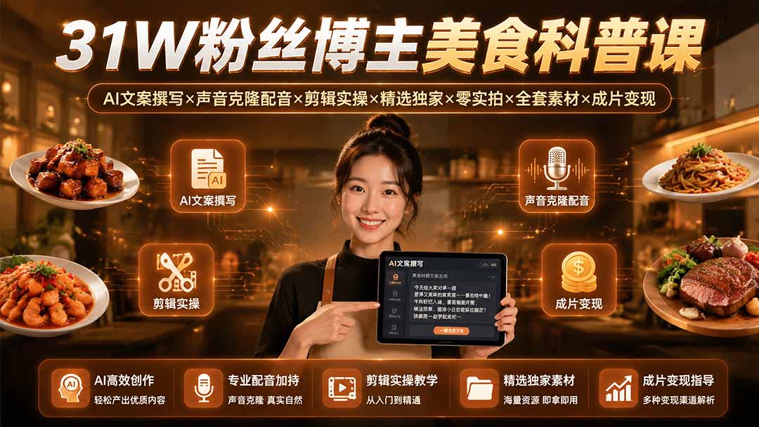 图片[2]-31W粉丝博主美食科普课：AI文案撰写×声音克隆配音×剪辑实操×精选独家×零实拍×全套素材×成片变现-副业网