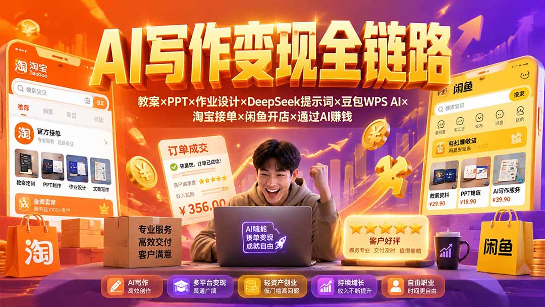 2026AI写作变现全链路：教案×PPT×作业设计×DeepSeek提示词×豆包WPS AI×淘宝接单×闲鱼开店×通过AI賺钱-副业网
