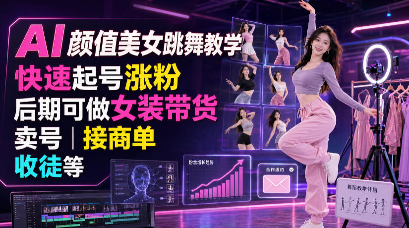 AI颜值美女跳舞教学，快速起号涨粉，后期可做女装带货，卖号，接商单，收徒等-副业网