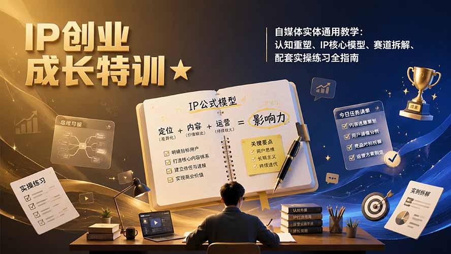 IP创业成长特训★自媒体实体通用教学：认知重塑、IP核心模型、赛道拆解、配套实操练习全指南-副业网