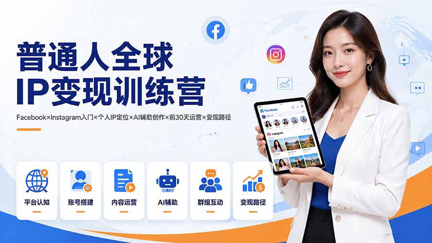普通人全球IP变现训练营：Facebook×Instagram入门×个人IP定位×AI辅助创作×前30天运营×变现路径-副业网