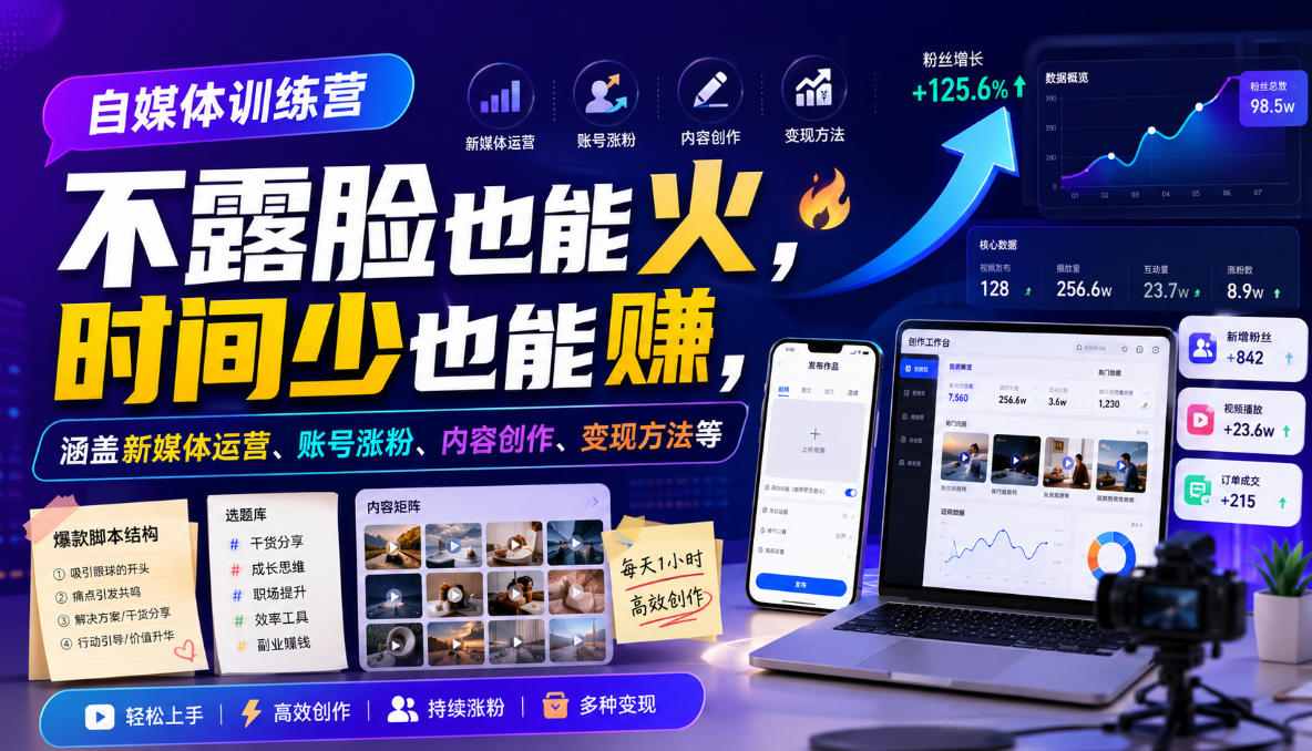 自媒体训练营，不露脸也能火，时间少也能賺，涵盖新媒体运营、账号涨粉、内容创作、变现方法等-副业网