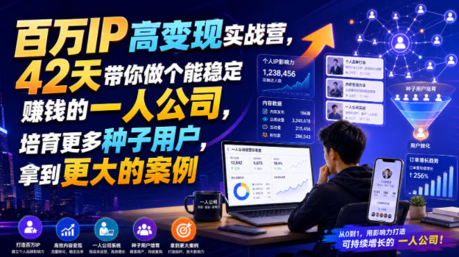 百万IP高变现实战营，42天带你做个能稳定賺钱的一人公司，培育更多种子用户，拿到更大的案例-副业网