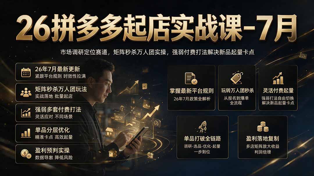 26拼多多起店实战课-7月｜市场调研定位赛道，矩阵秒杀万人团实操，强弱付费打法解决新品起量卡点-副业网