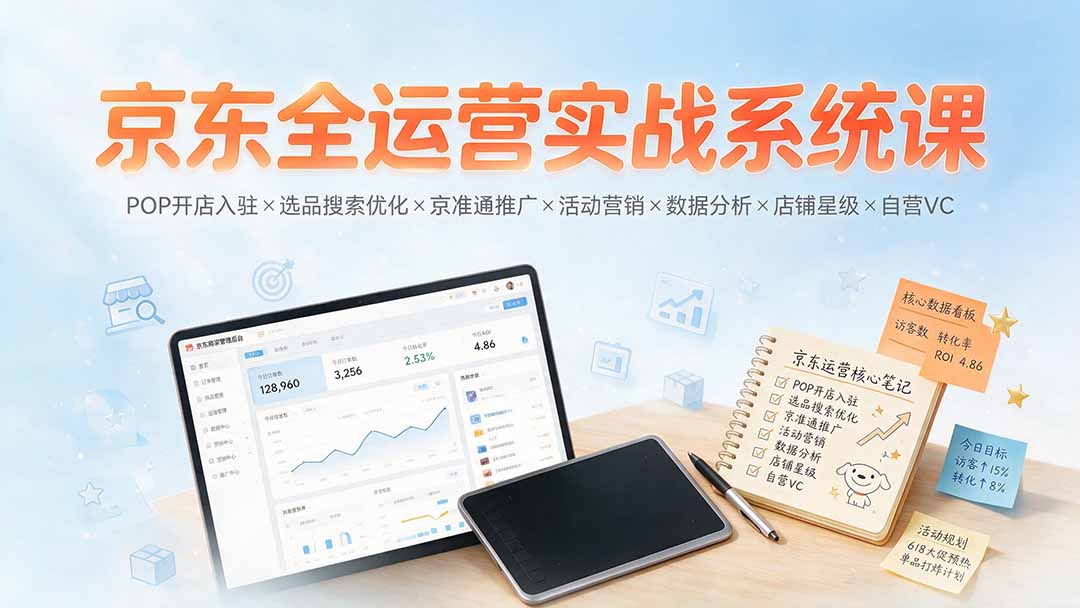 京东全运营实战系统课：POP开店入驻×选品搜索优化×京准通推广×活动营销×数据分析×店铺星级×自营VC-副业网