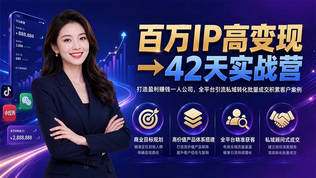 百万IP高变现→42天实战营｜打造盈利赚钱一人公司，全平台引流私域转化批量成交积累客户案例-副业网