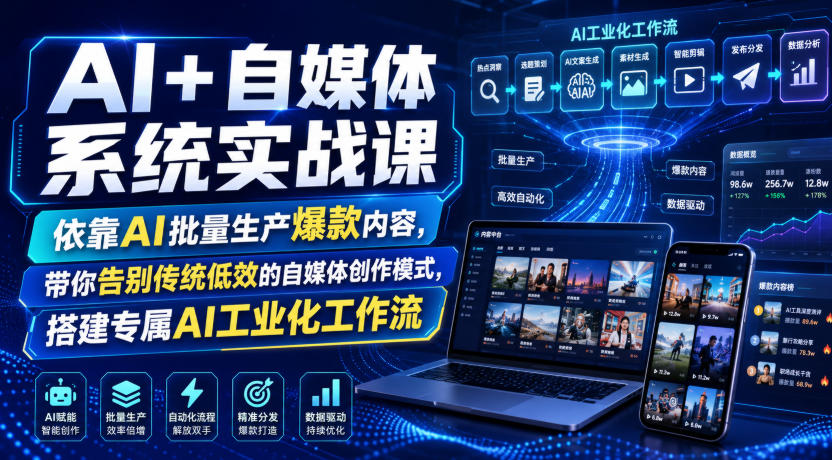 AI+自媒体系统实战课，依靠AI批量生产爆款内容，带你告别传统低效的自媒体创作模式，搭建专属AI工业化工作流-副业网