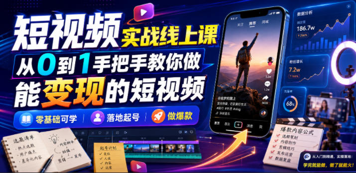 短视频实战线上课，从0到1手把手教你做能变现的短视频，零基础可学，落地起号做爆款-副业网