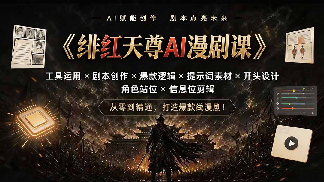 绯红天尊AI漫剧课｜工具运用×剧本创作×爆款逻辑×提示词素材×开头设计×角色站位×信息位剪辑-副业网