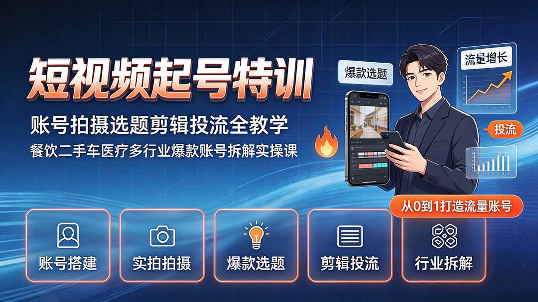 短视频起号特训｜账号拍摄选题剪辑投流全教学，餐饮二手车医疗多行业爆款账号拆解实操课-副业网