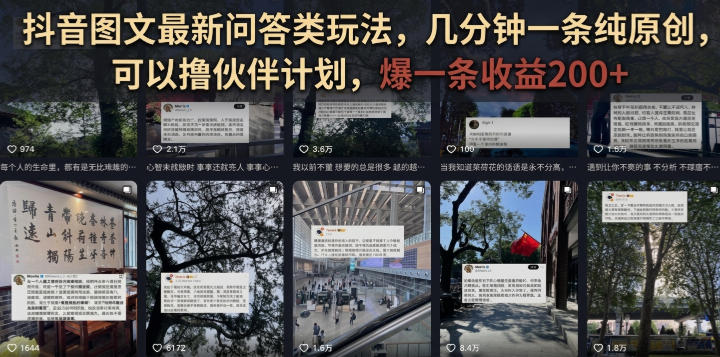 抖音图文最新问答类玩法，几分钟一条纯原创，可以撸伙伴计划，爆一条收益200+-副业网