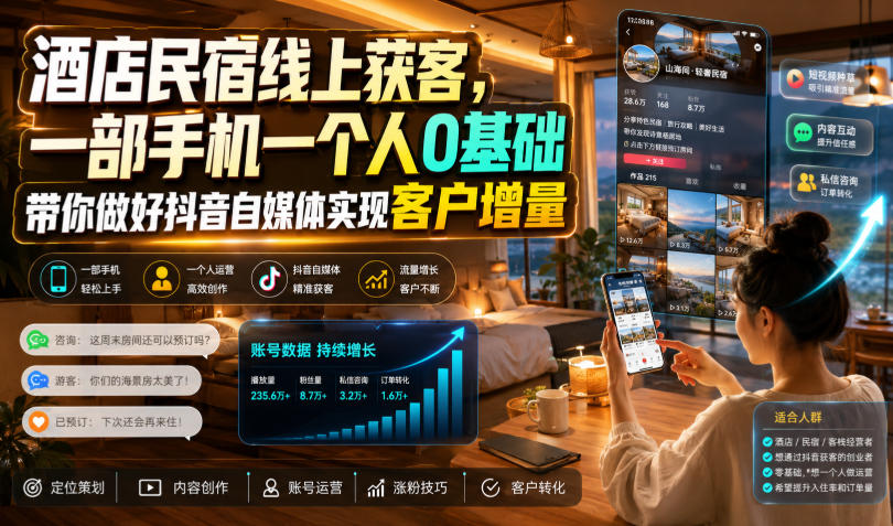 酒店民宿线上获客，一部手机一个人0基础带你做好抖音自媒体实现客户增量-副业网