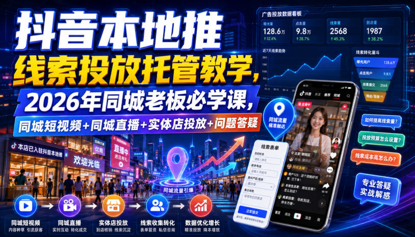 抖音本地推线索投放托管教学，2026年同城老板必学课，同城短视频+同城直播+实体店投放+问题答疑-副业网