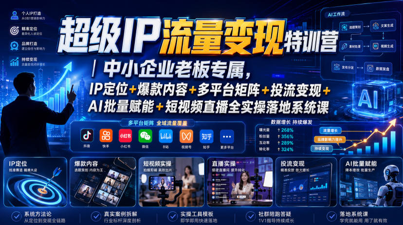 超级IP流量变现特训营｜中小企业老板专属，IP定位+爆款内容+多平台矩阵+投流变现+AI批量赋能+短视频直播全实操落地系统课-副业网