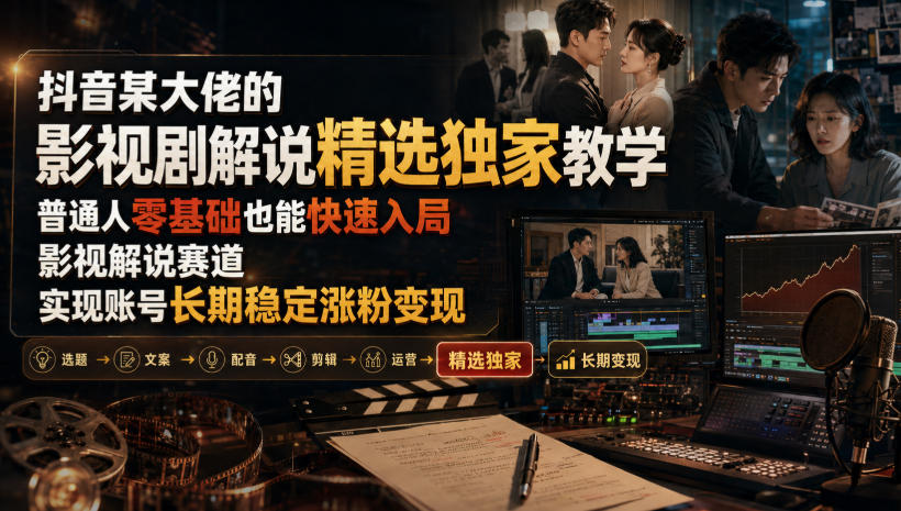抖音某大佬的影视剧解说精选独家教学，普通人零基础也能快速入局影视解说赛道，实现账号长期稳定变现-副业网