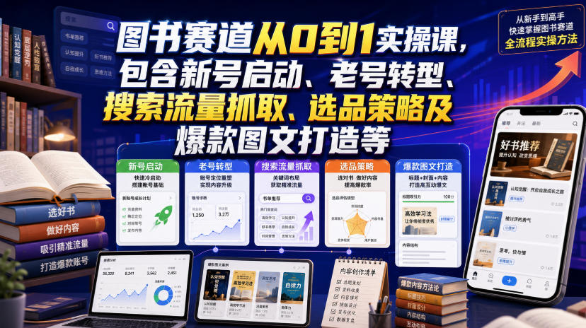 图书赛道从0到1实操课,包含新号启动、老号转型、搜索流量抓取、选品策略及爆款图文打造等-副业网