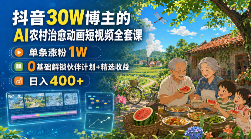 抖音30W博主的AI农村治愈动画短视频全套课｜单条涨粉1W，0基础解锁伙伴计划+精选收益，日入400+-副业网