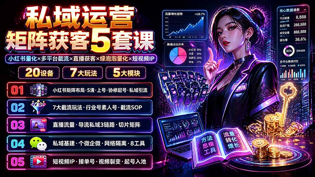 私域运营矩阵获客5套课：小红书量化×多平台截流×直播获客×绿泡泡量化×短视频IP×20设备×7大玩法-副业网