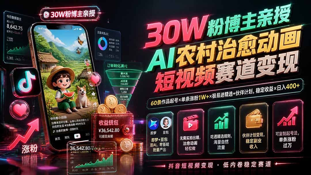 30W粉博主亲授AI农村治愈动画短视频赛道变现：60条作品起号×单条涨粉1W+×极易进精选+伙伴计划，稳定收益×日入400+-副业网