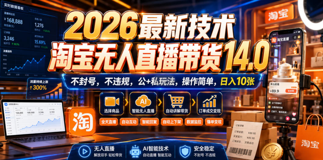 2026最新技术,淘宝无人直播带货14.0,不封号,不违规,公+私玩法,操作简单,日入10张【揭秘】-副业网