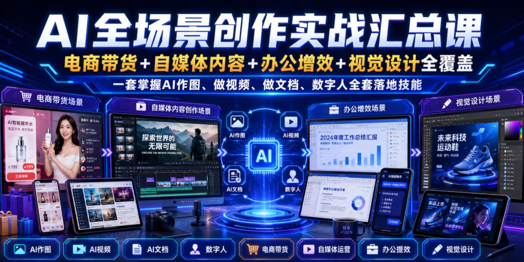 AI全场景创作实战汇总课｜电商带货+自媒体内容+办公增效+视觉设计全覆盖，一套掌握AI作图、做视频、做文档、数字人全套落地技能-副业网