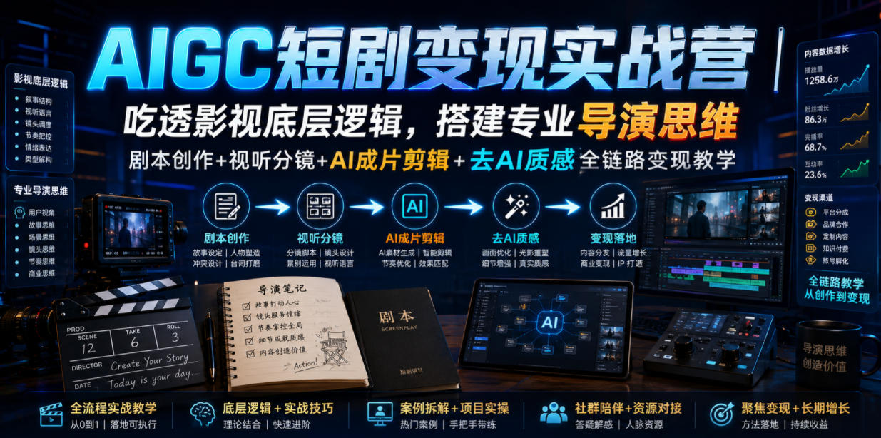 AIGC短剧变现实战营|吃透影视底层逻辑,搭建专业导演思维,剧本创作+视听分镜+AI成片剪辑+去AI质感全链路变现教学-副业网
