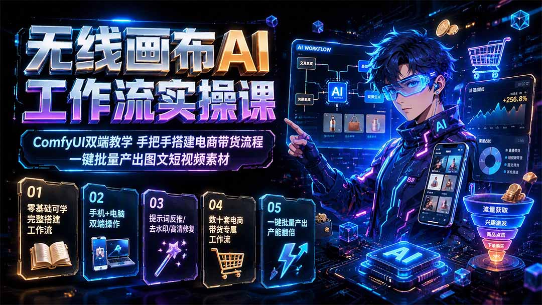 图片[2]-无线画布AI工作流实操课｜ComfyUI双端教学，手把手搭建电商带货流程，一键批量产出图文短视频素材-副业网